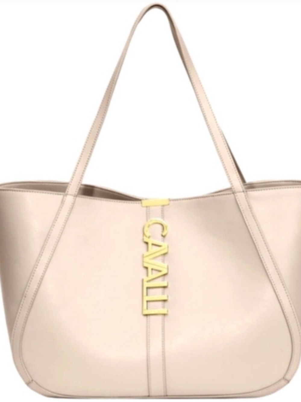 NWT Cavalli Sandra Shopper Tote Bag White Asparagus Cream Gold Logo